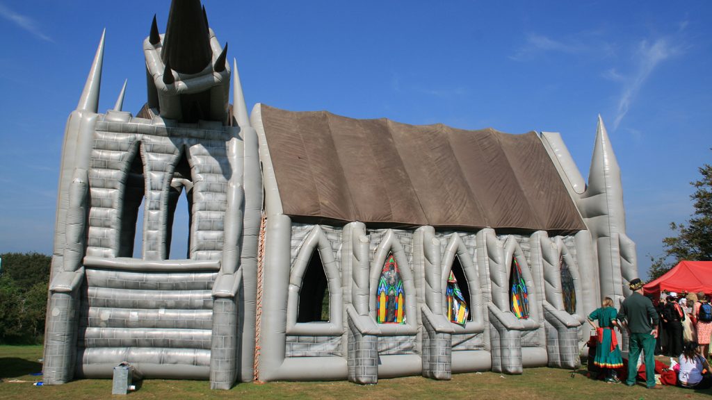 Photo of the inflatable church at Bestival, Isle of Wight
